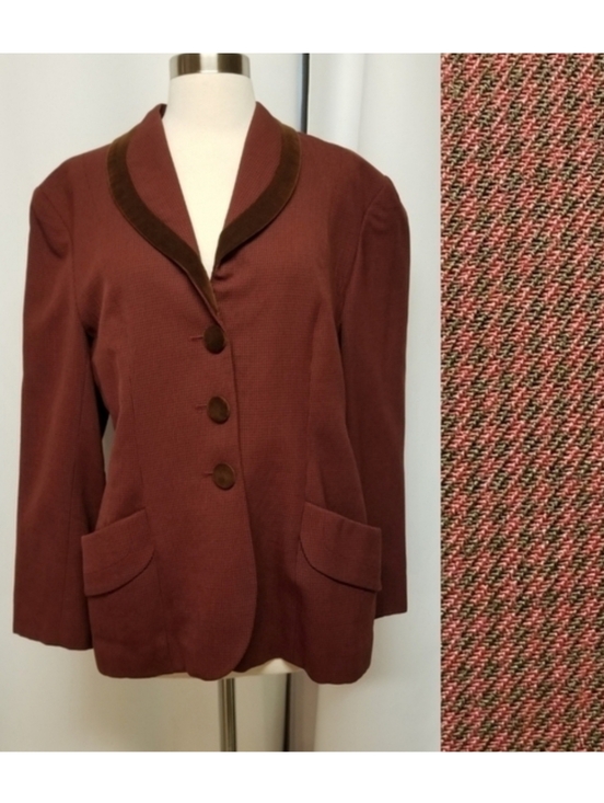 Vintage‎ 90s y2k Jones New York Wool Velvet Red Brown Houndstooth Blazer Md
